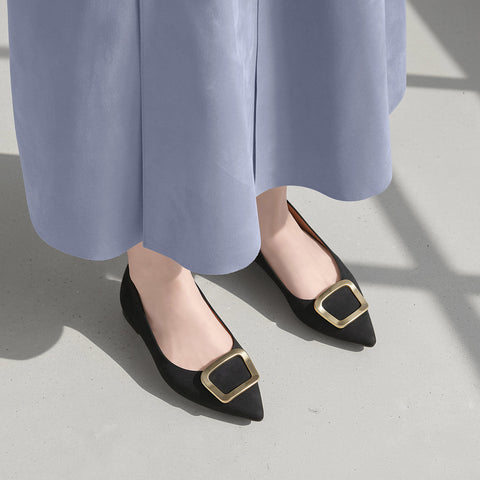 2025AW：ポインテッドトゥ バックル付き フラットシューズ（4785）ブラックS/mamian（マミアン）